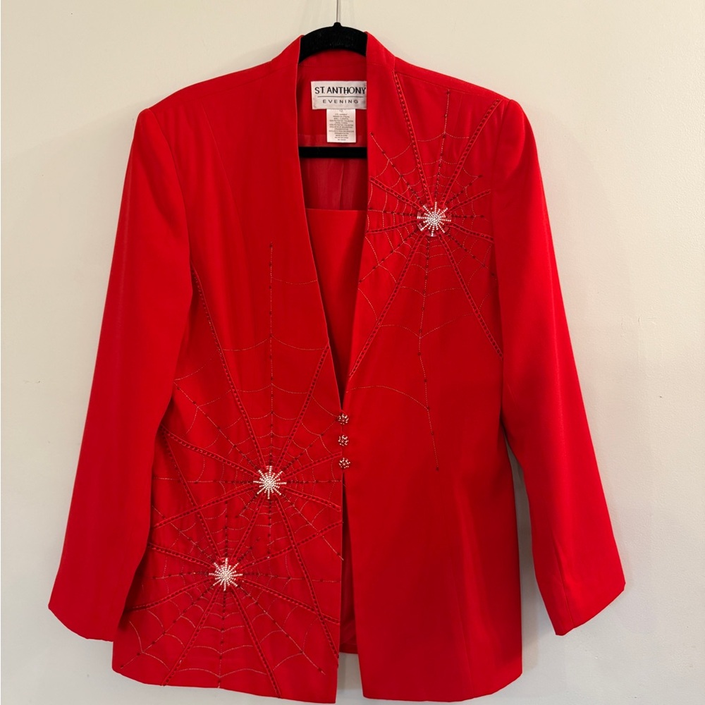 Vintage 1980s, St. Anthony Evening Red Beaded Spiderweb Blazer, sz.12